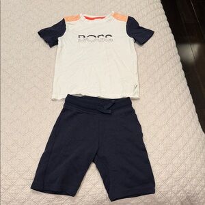 Boy BOSS White Tee with Navy Sleeves & Coral Shoulder Accents and Navy Shorts